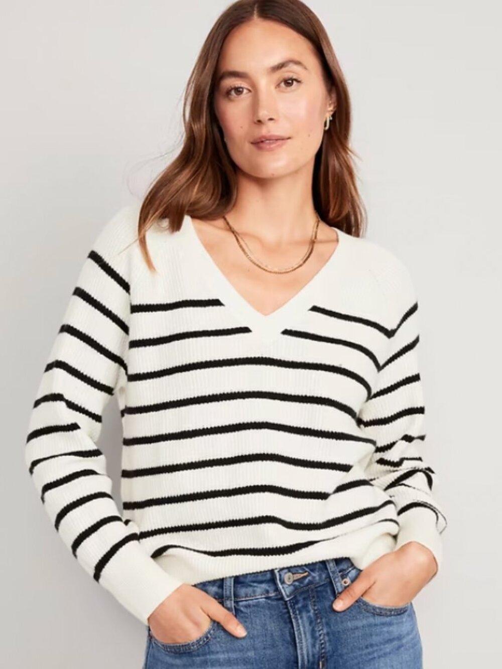 Old Navy SoSoft V-Neck Cocoon Sweater White Black Stripe Neutral Comfy Casual